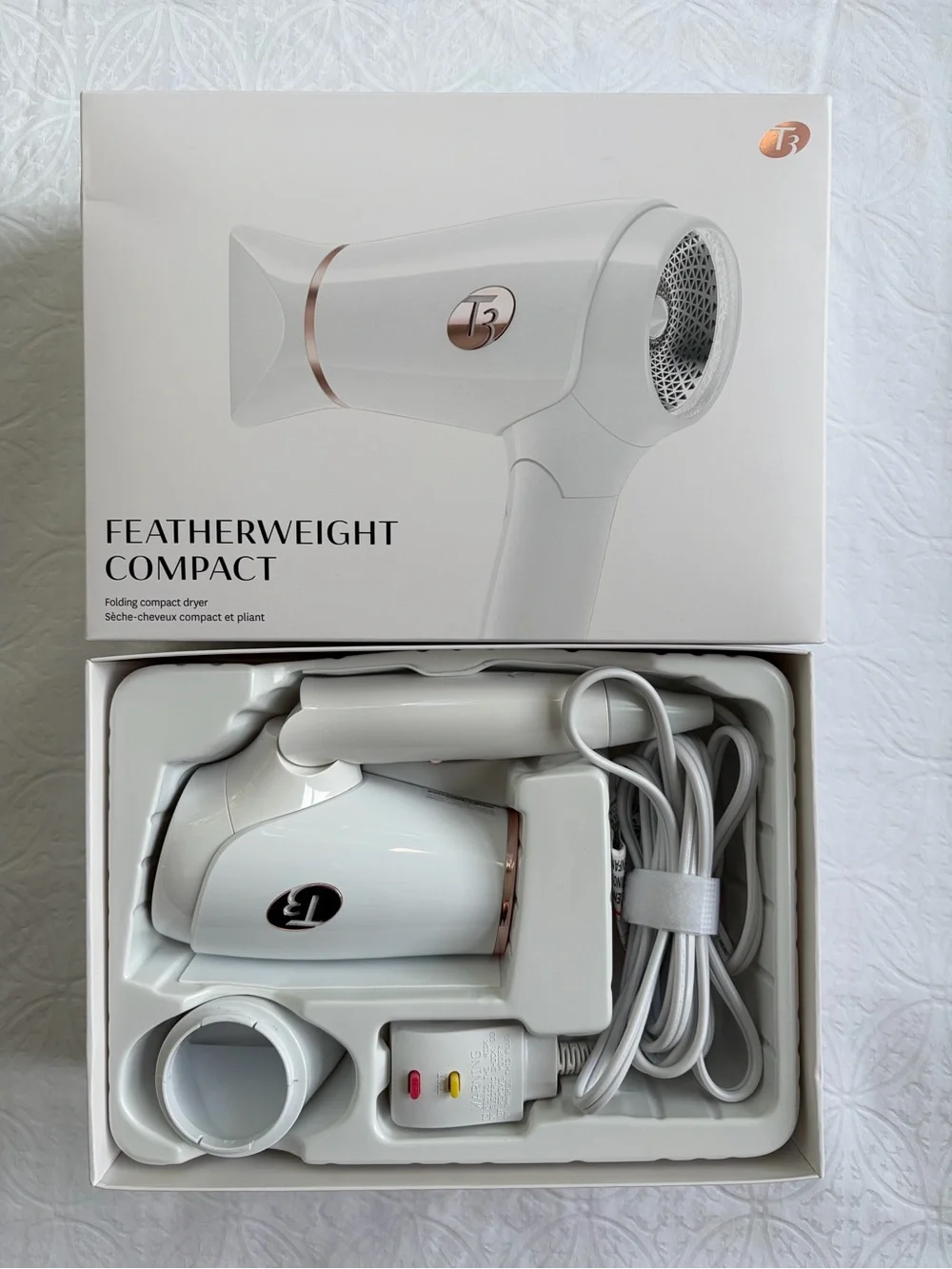 T3 Featherweight Compact Folding Hair Dryer in White with Rose Gold Accents
